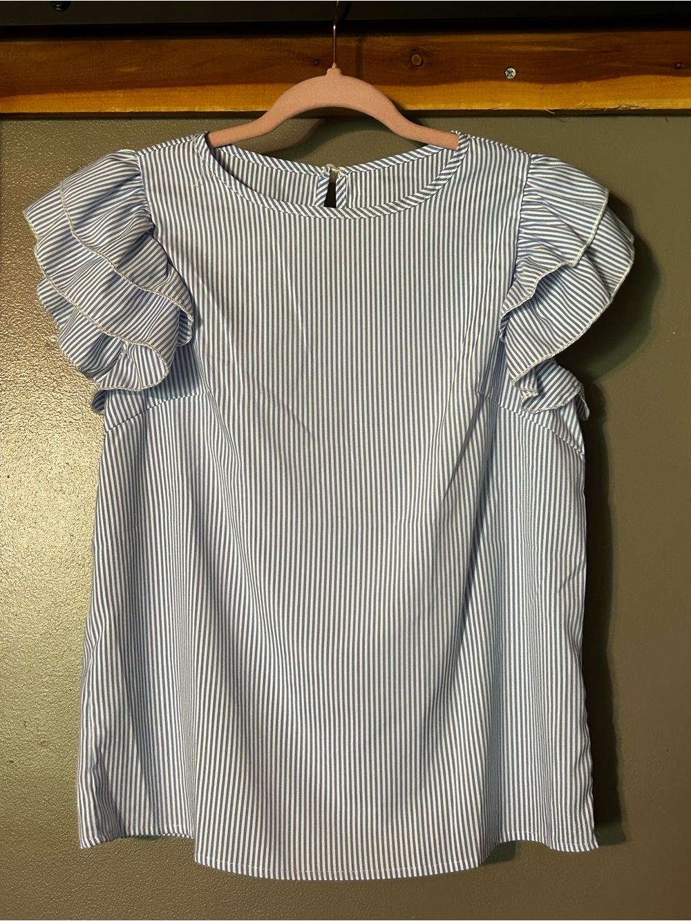 Striped Ruffled Sleeve Blouse - Blue & White